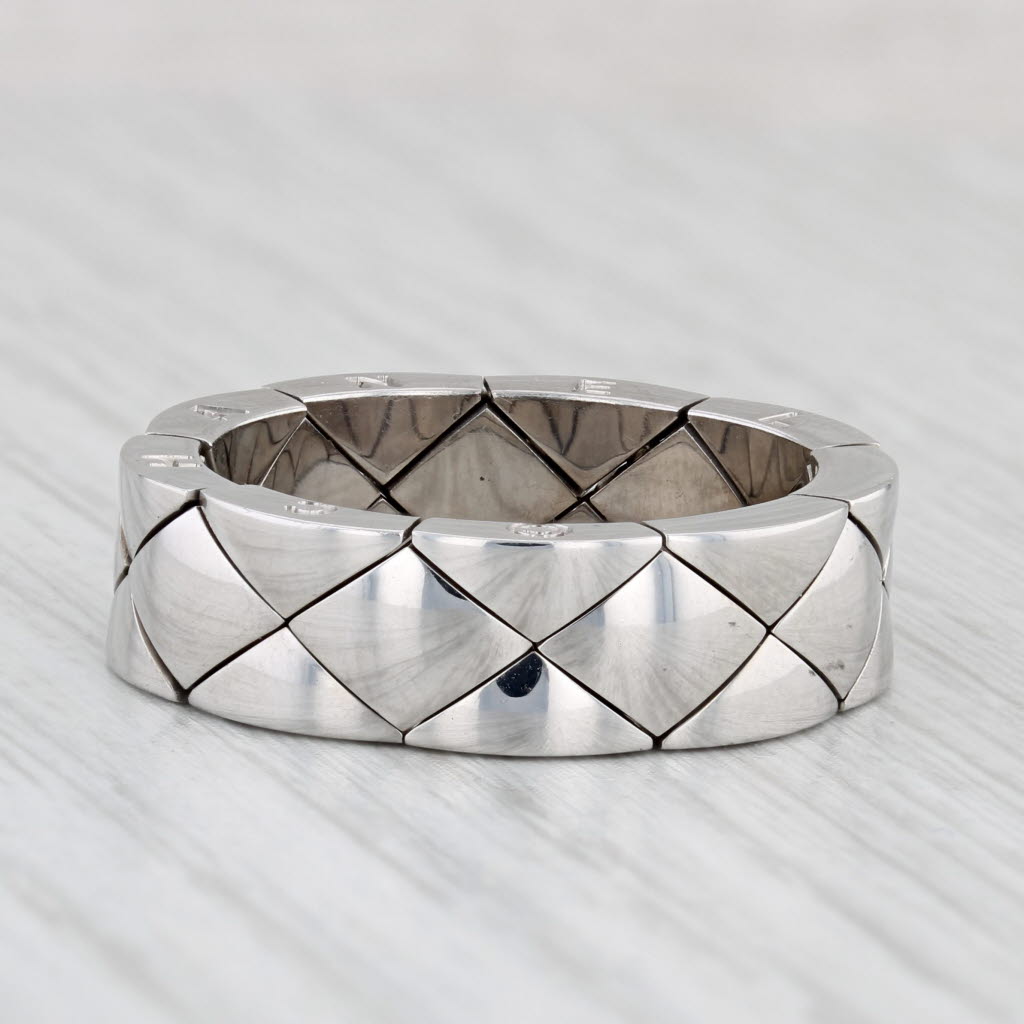 Light Gray Chanel Matelasse Quilted Coco Crush Mesh Band Ring 18k White Gold Size 9.25