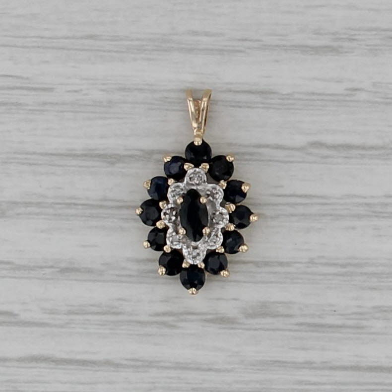 Sapphire Diamond Halo Pendant 10k Yellow Gold Marquise Drop