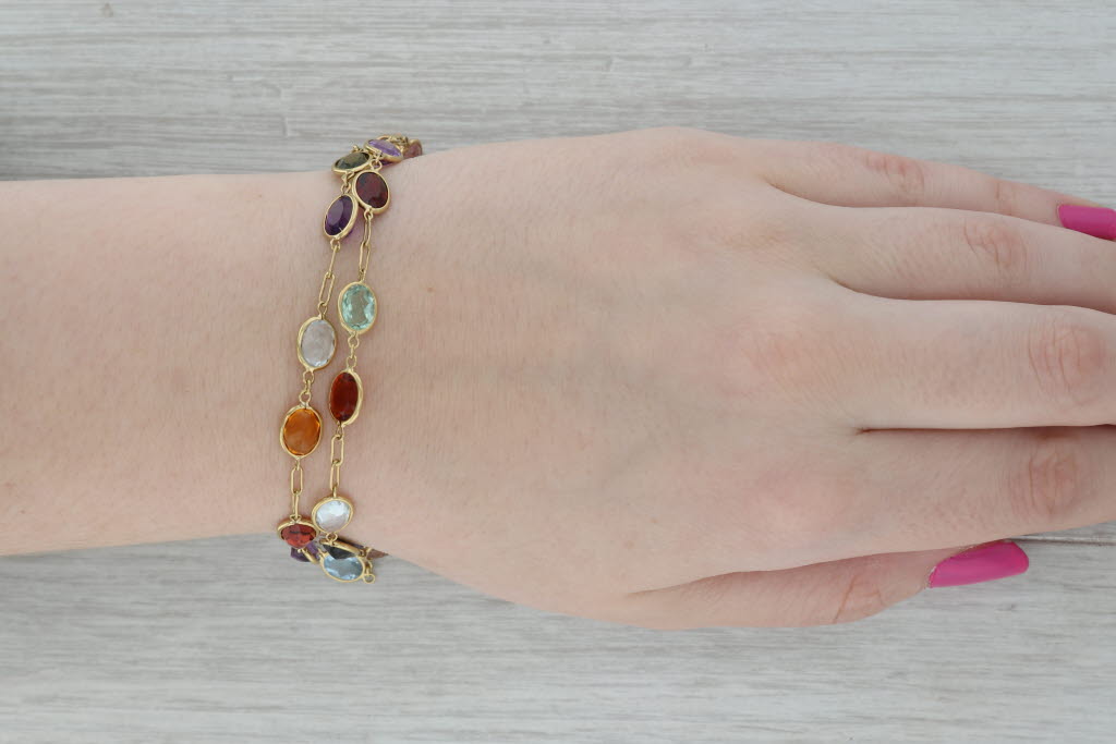 Dark Gray Multi-Gemstone Tennis Bracelet 18k Yellow Gold 7" Amethyst Aquamarine Citrine