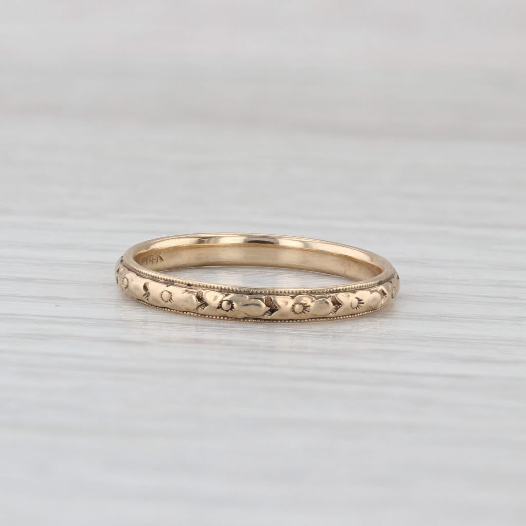 Etched Floral Pattern Band 14k Yellow Gold Size 7 Wedding Stackable Ring