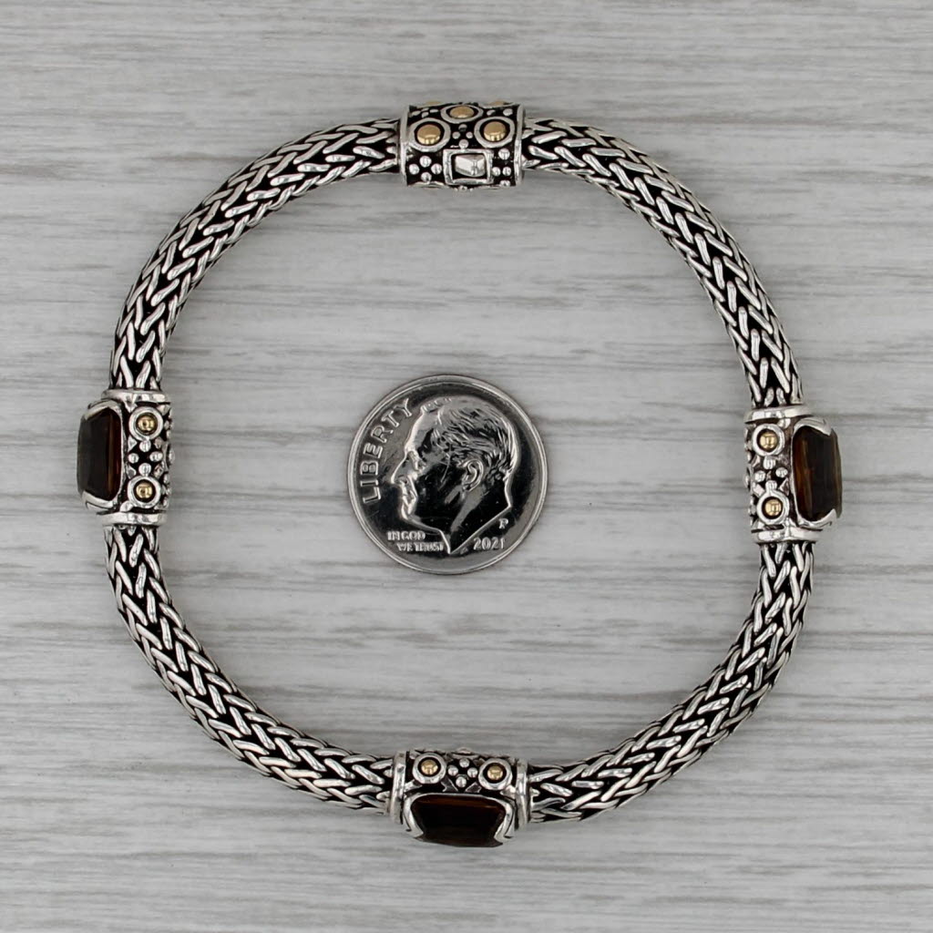 John Hardy Smoky Quartz Station Bracelet Sterling Silver 18k Gold Wheat Chain