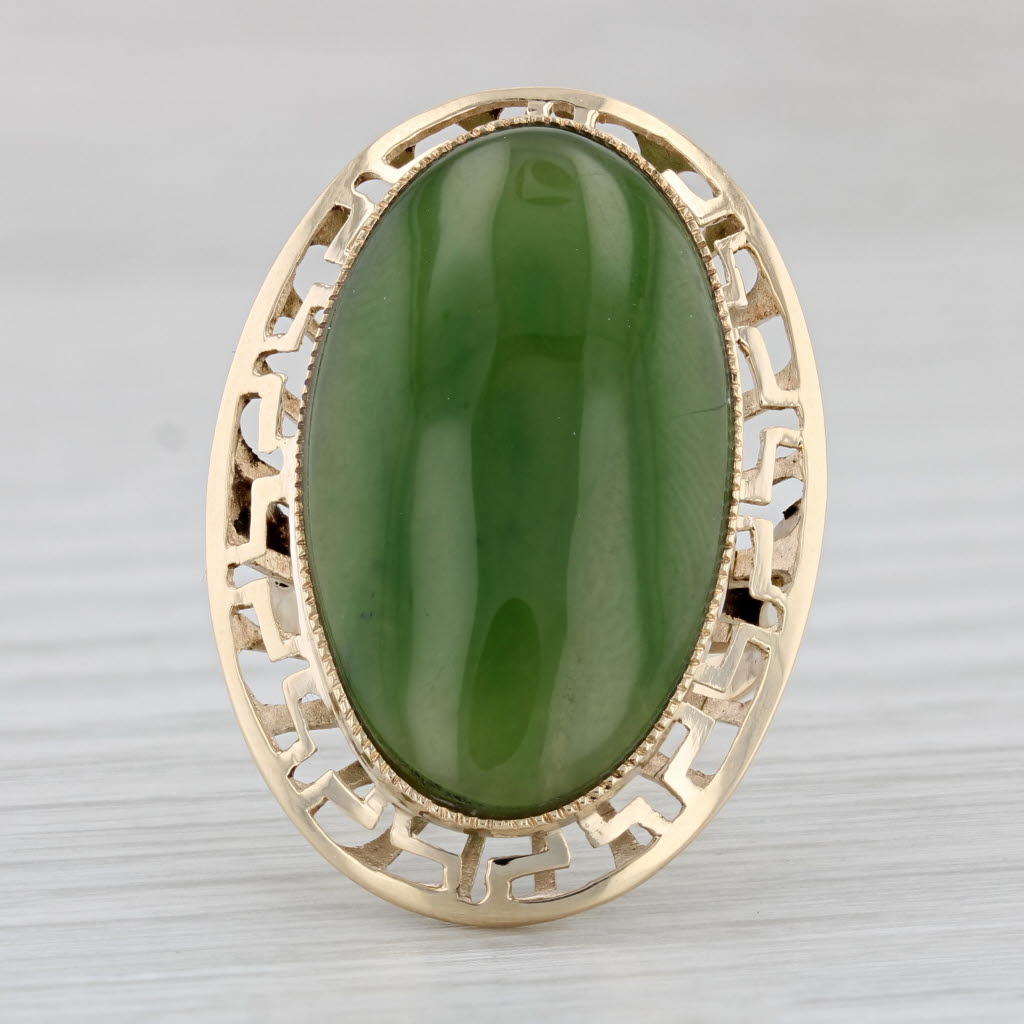 Light Gray Green Nephrite Jade Greek Key Halo Ring 14k Yellow Gold Size 6 Oval Cabochon