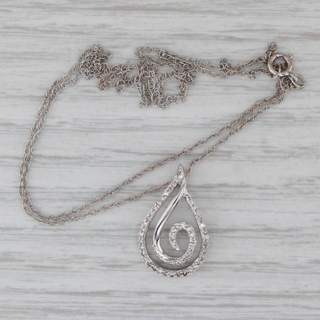 Gray Diamond Swirl Teardrop Pendant 14k White Gold 18.5" Rope Chain