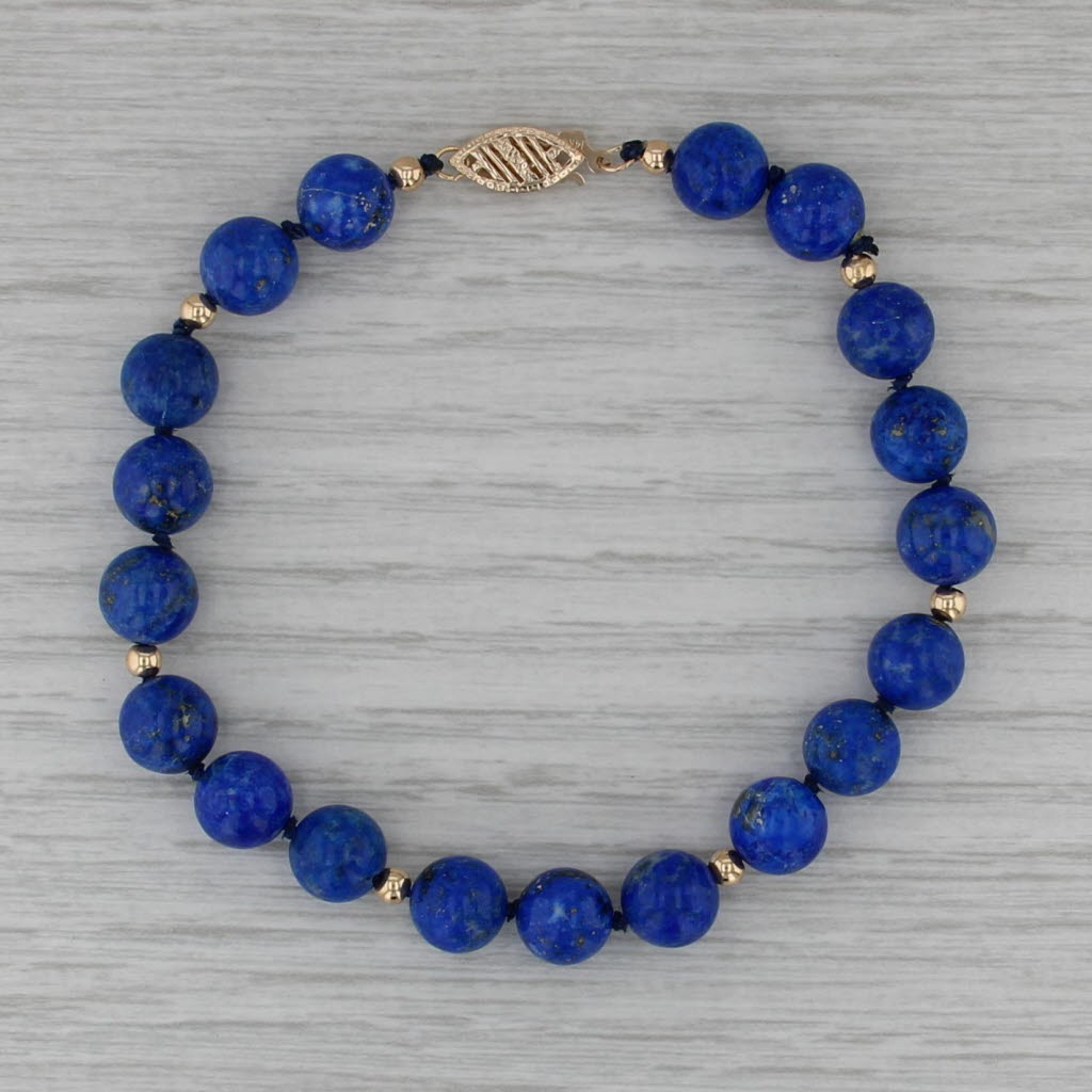 Blue Lapis Lazuli Bead Bracelet 14k Yellow Gold 7.25" 8mm