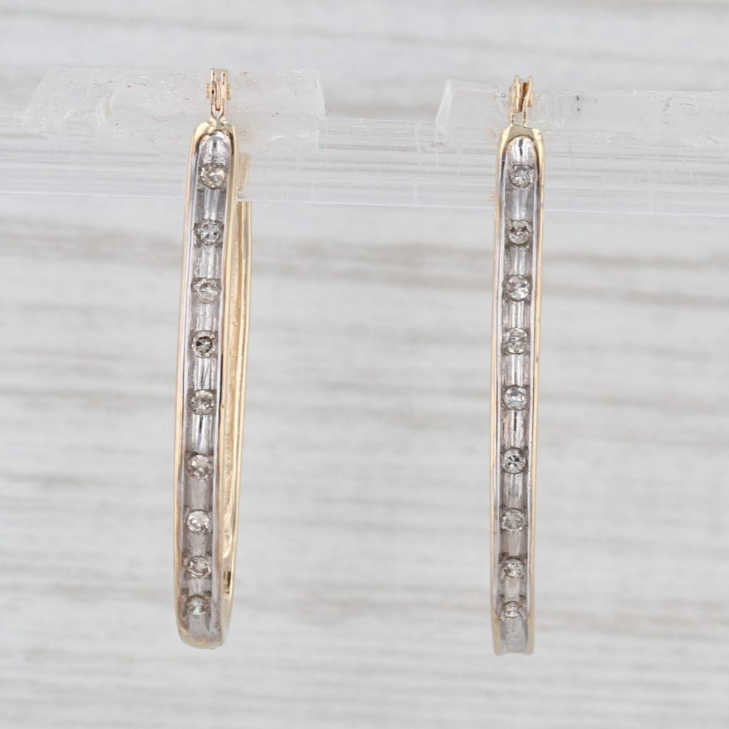 Light Gray Diamond Oval Hoop Earrings 10k Yellow Gold Snap Top Hoops