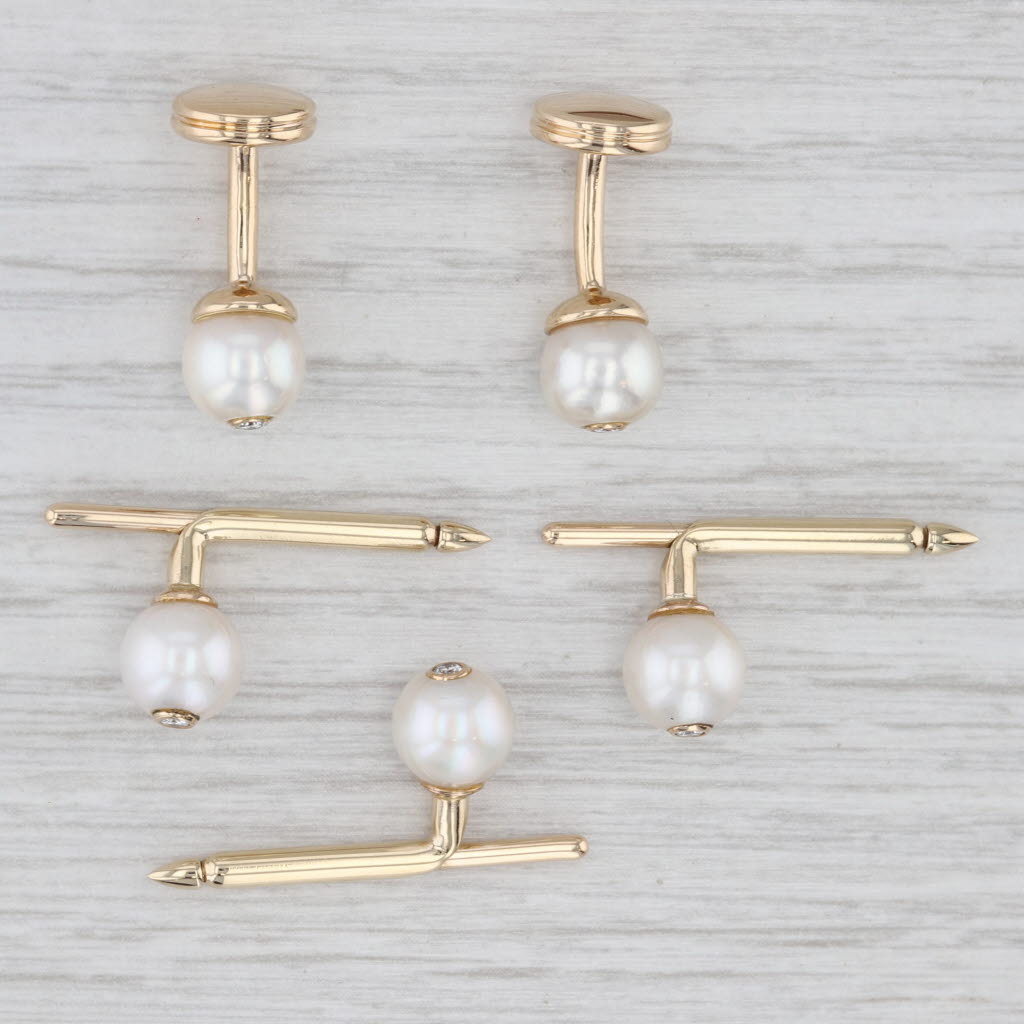 Light Gray Vintage Cultured Pearl Diamond Shirt Studs 14k Yellow Gold Suit Accessories