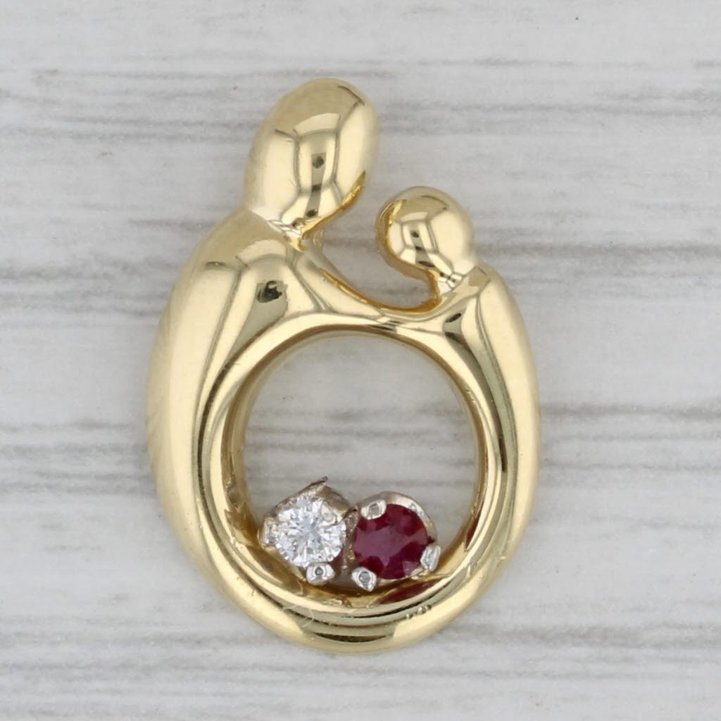 Gray 0.13ctw Diamond Ruby Mother Child Heart Pendant 18k Yellow Gold