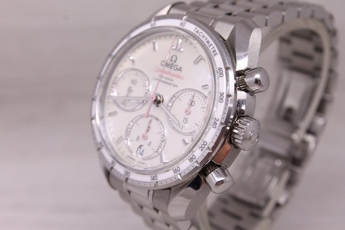 Omega Speedmaster 38mm Automatic Chronograph Watch Pink MOP Diamond Box Cards