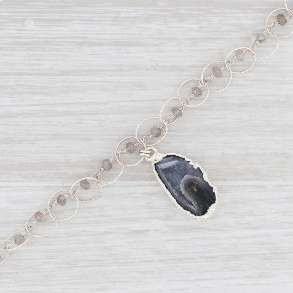 New Nina Wynn Charm Bracelet Druzy Geode Quartz Labradorite Bead 7.5" Sterling