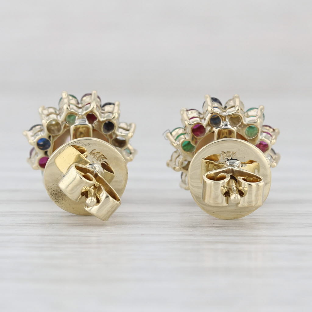 Cultured Pearl Gemstone Stud Earrings 14k Gold Ruby Emerald Sapphire Diamond