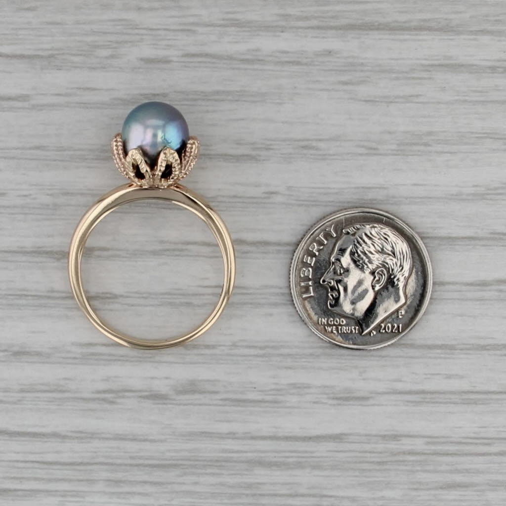 Cultured Saltwater Black Pearl Solitaire Ring 14k Yellow Gold Size 7.5