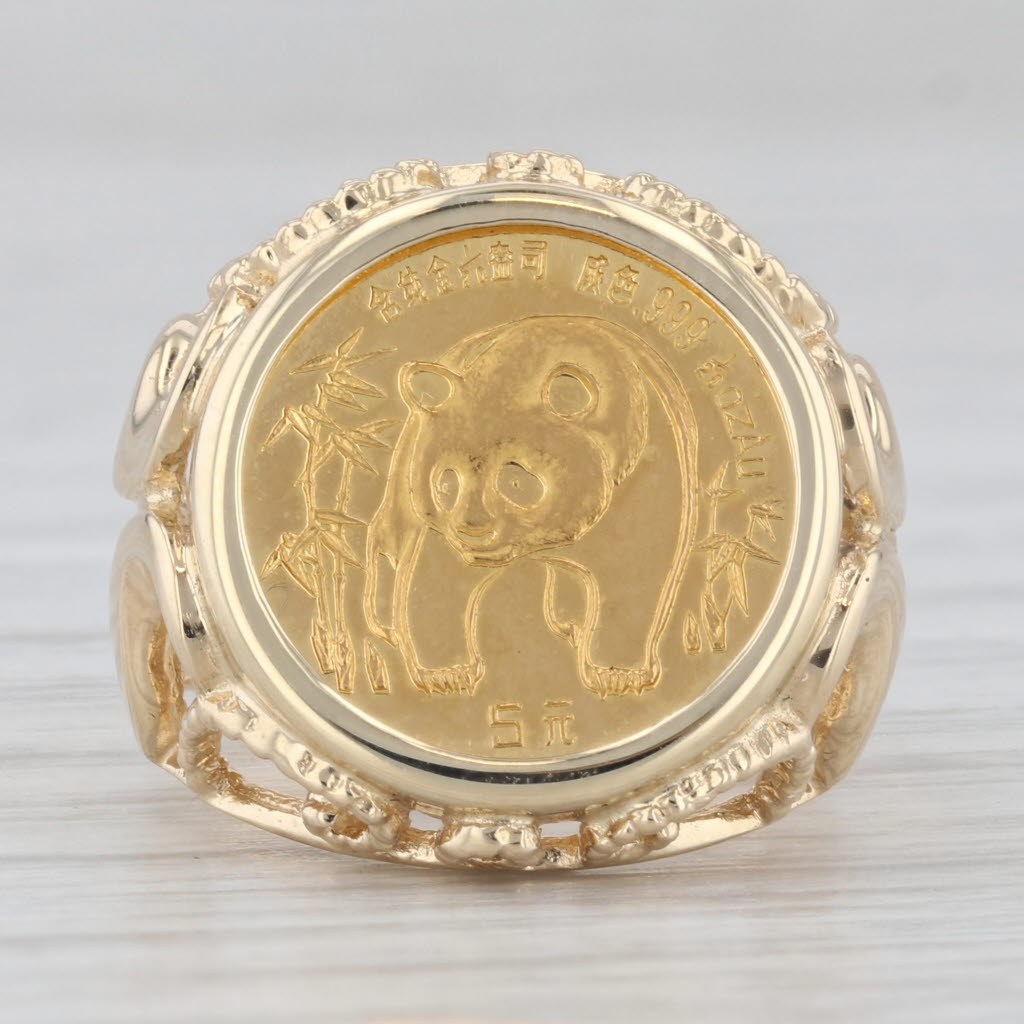 Gray 1986 Chinese Panda Coin Signet Ring 14k 24k Yellow Gold Size 4.5 1/20oz