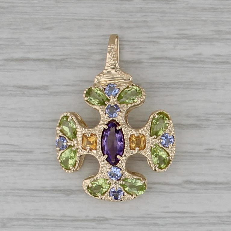 3.19ctw Gemstone Cross Pendant 14k Gold Amethyst Citrine Peridot Tanzanite