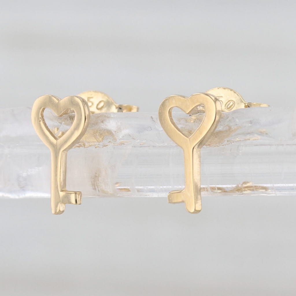 Heart Skeleton Key Stud Earrings 18k Yellow Gold Small Studs