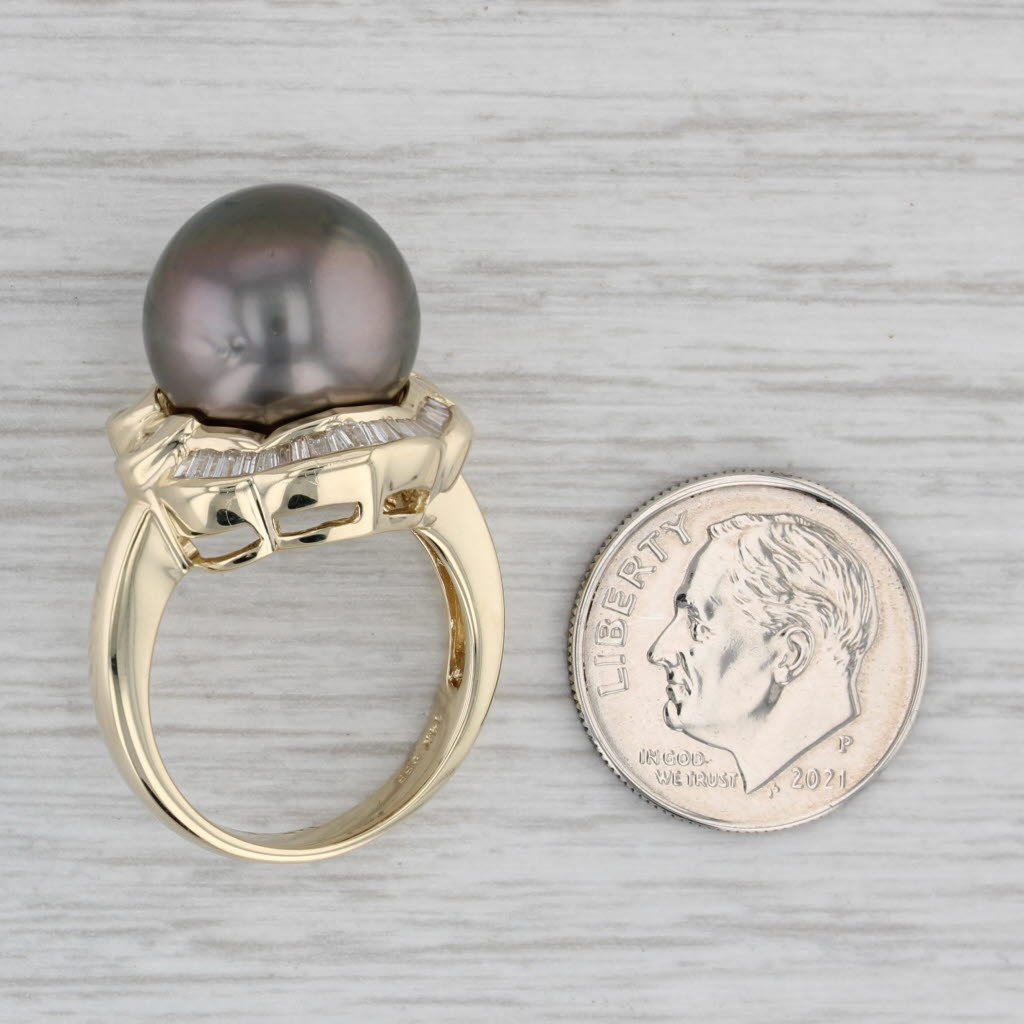 Gray Cultured Gray Pearl Diamond Halo Ring 14k Yellow Gold Size 6.75 Cocktail