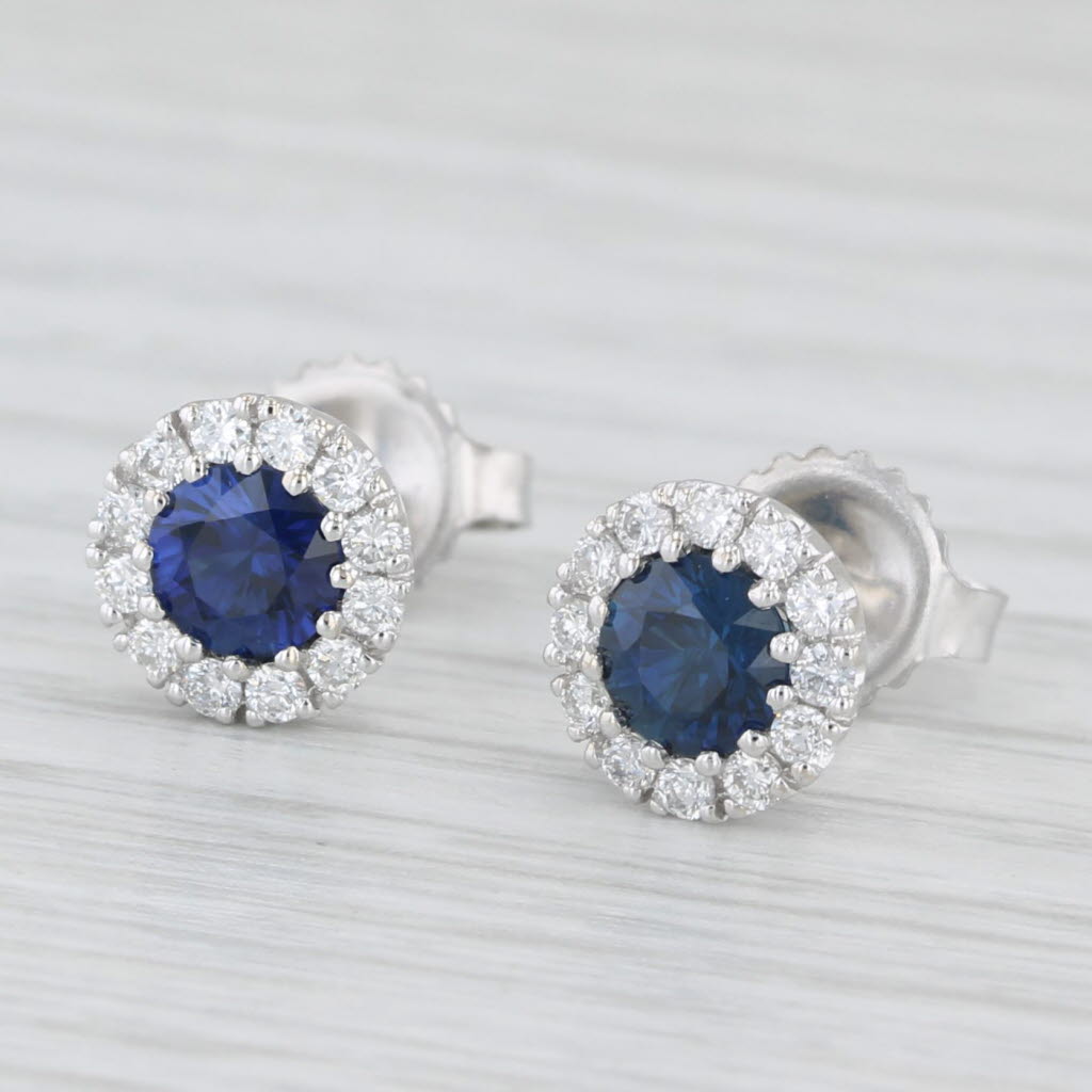Light Gray 1.32ctw Blue Sapphire Diamond Halo Stud Earrings 18k White Gold