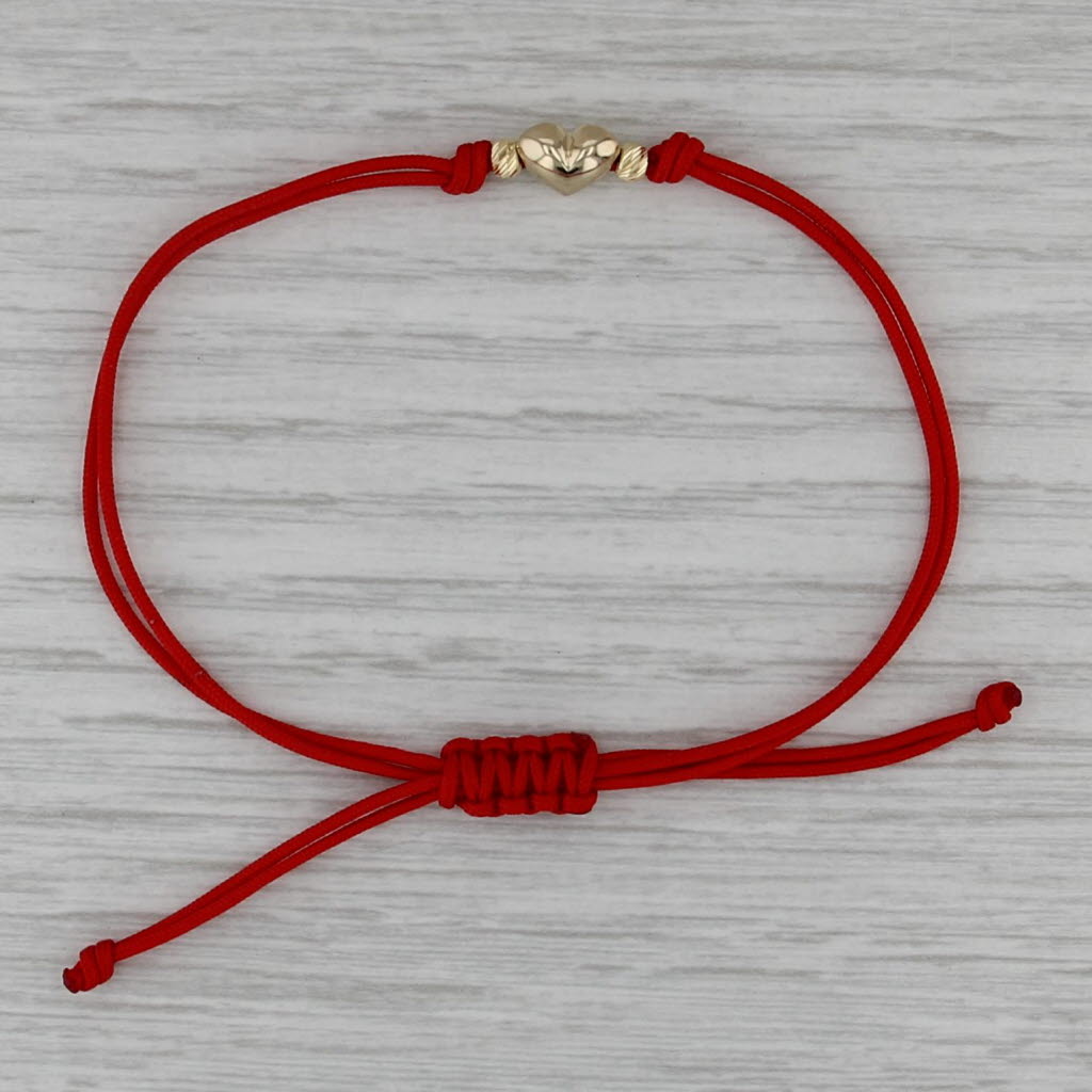 New Puffy Heart Adjustable Red Chord Bracelet 14k Yellow Gold