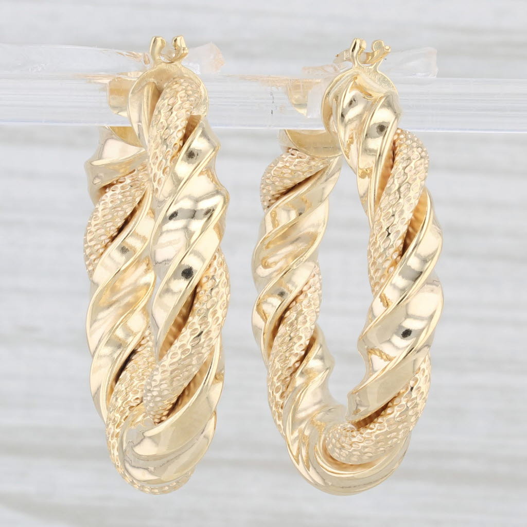 Light Gray New Twist Textured Hoop Earrings 14k Yellow Gold Round Hoops Pierced Snap Top