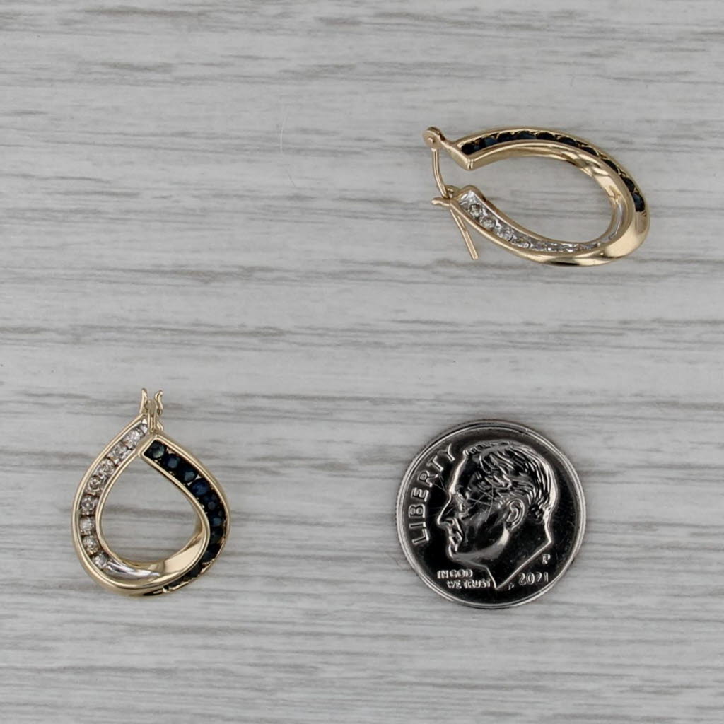 1.04ctw Blue Sapphire Diamond Hoop Earrings 14k Yellow Gold Snap Top Hoops