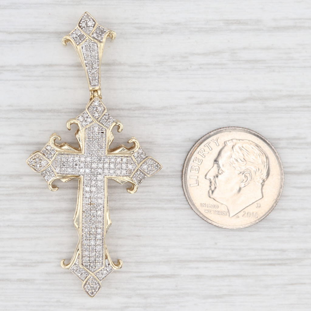 Light Gray 0.50ctw Pave Diamond Cross Pendant 10k Yellow Gold Ornate Statement