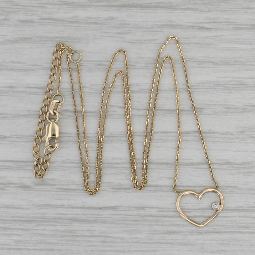 Diamond Solitaire Open Heart Pendant Necklace 14k Gold 16.25-18" Cable Chain