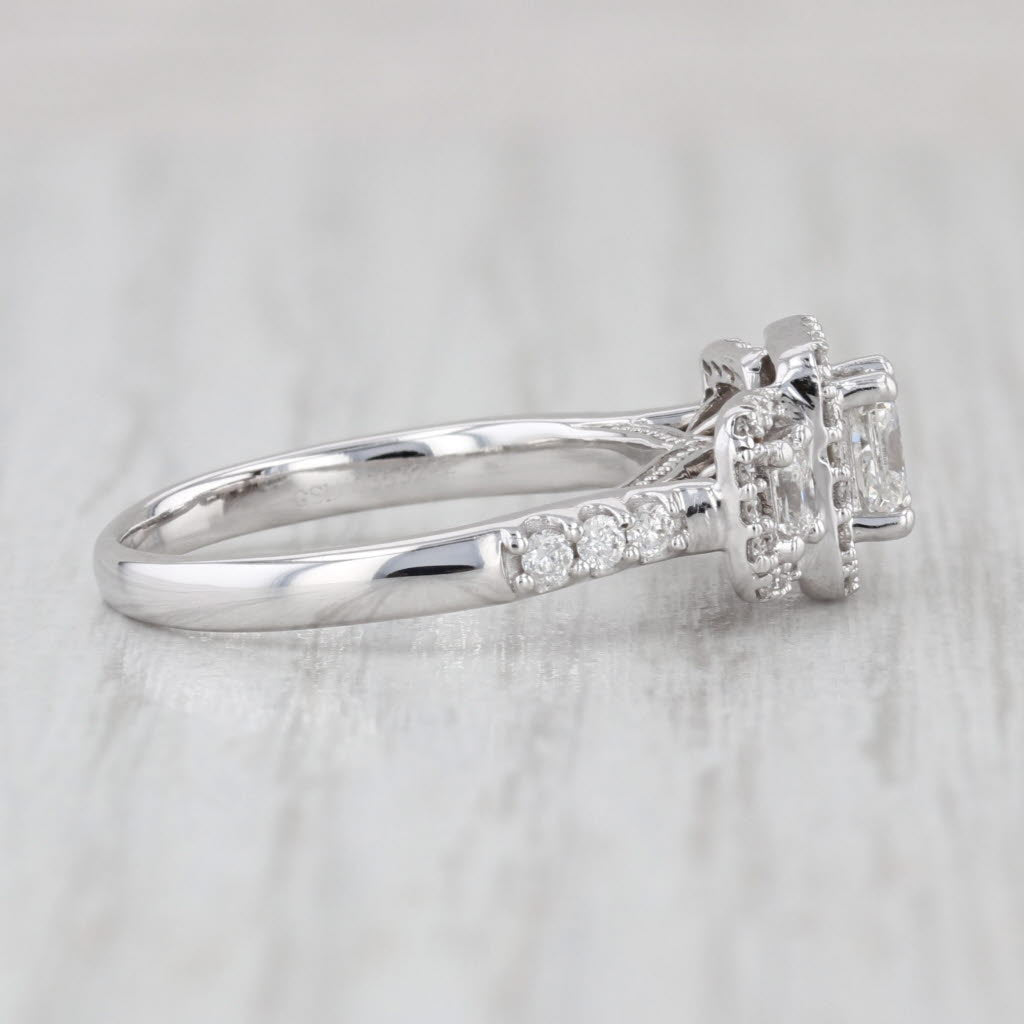 0.76ctw Diamond Emerald Cut Halo 3-Stone Engagement Ring 14k White Gold Size 6.5
