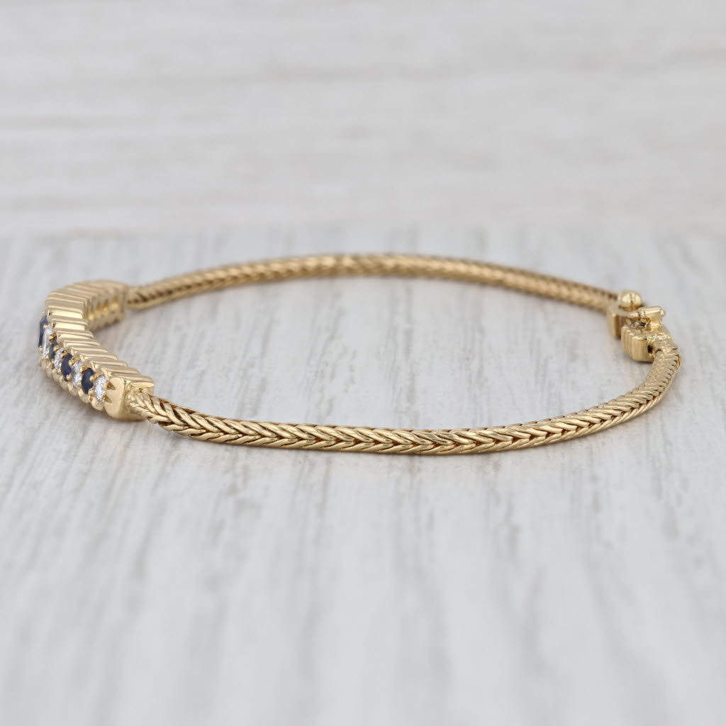 0.96ctw Blue Sapphire Diamond Bracelet 18k Yellow Gold Wheat Chain 6.75"