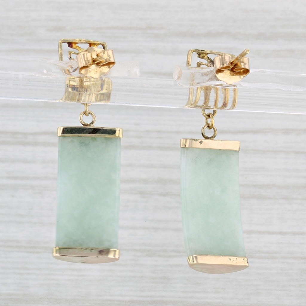 Light Gray Green Jadeite Jade Dangle Earrings 14k Yellow Gold Good Luck Chinese Calligraphy