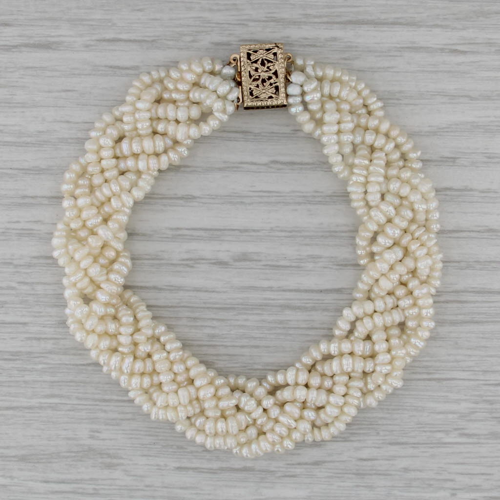 Woven Mesh Cultured Pearl Strand Bracelet 14k Yellow Gold 7.5" 14.8mm