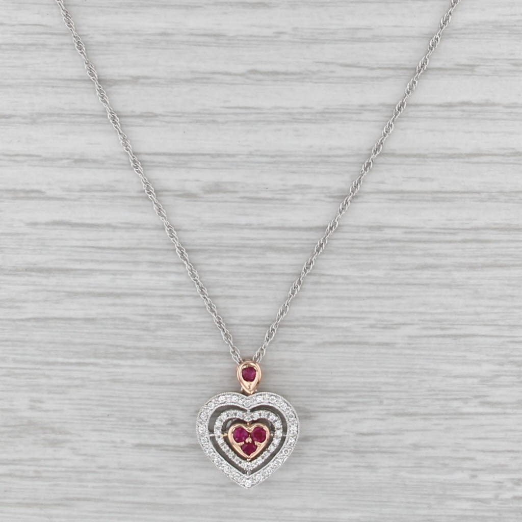 0.44ctw Ruby Diamond Halo Heart Pendant Necklace 18k White Rose Gold 18"