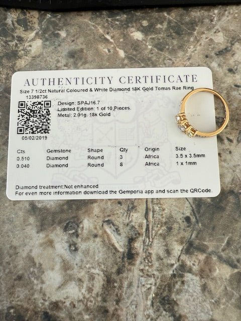 0.55ctw Round Yellow White Diamond 3-Stone Ring 18k Yellow Gold Size 7.25 Cert