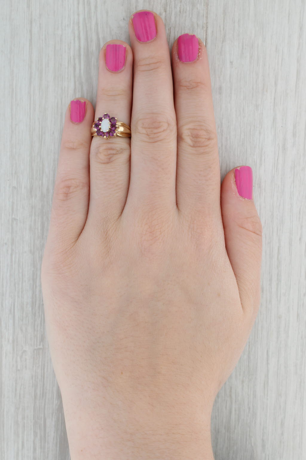 Gray Opal Garnet Flower Ring 10k Yellow Gold Size 5.25