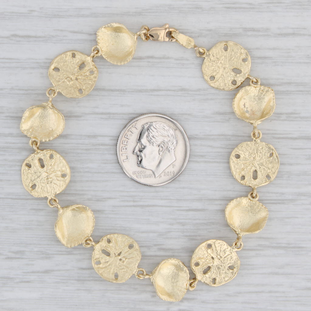 Gray Seashell Sand Dollar Bracelet 14k Yellow Gold 7" Nautical Jewelry