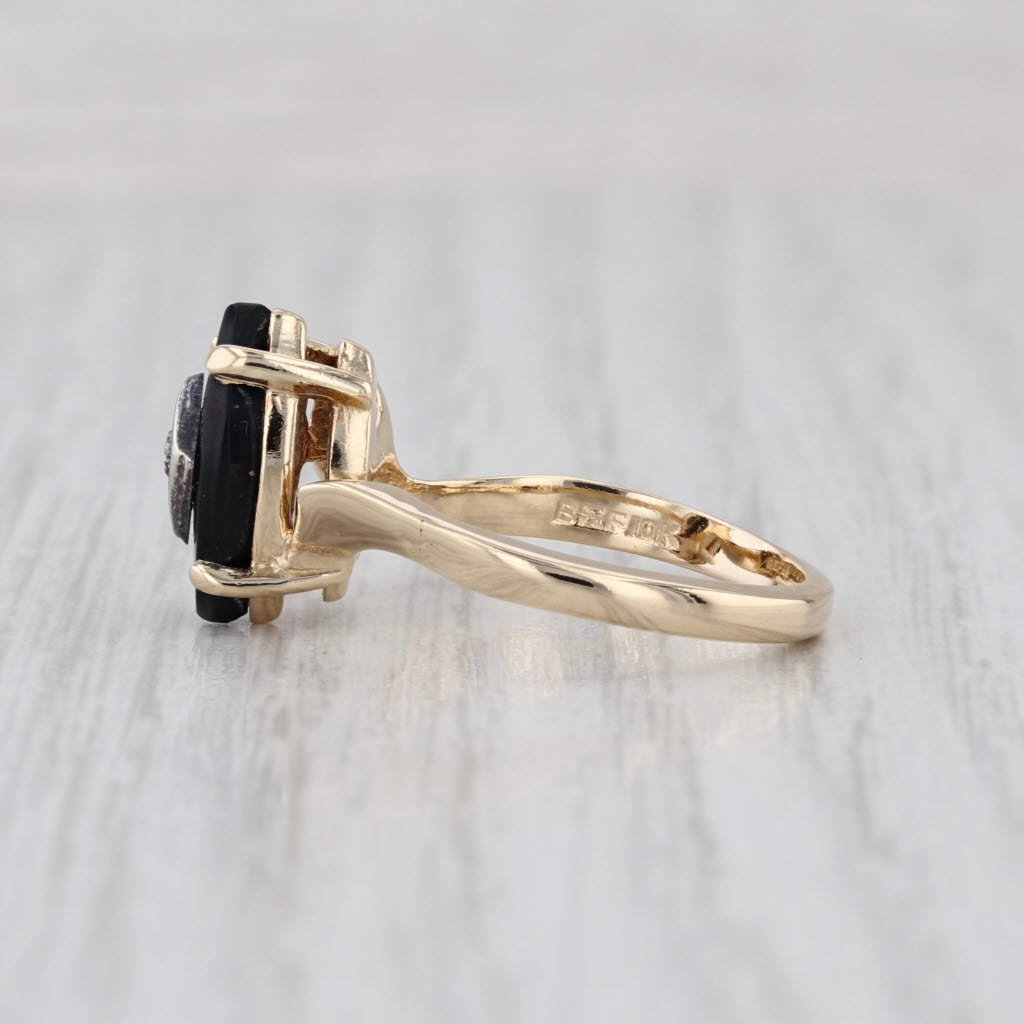 Navette Black Onyx Diamond Signet Ring 10k Yellow Gold Size 6.25