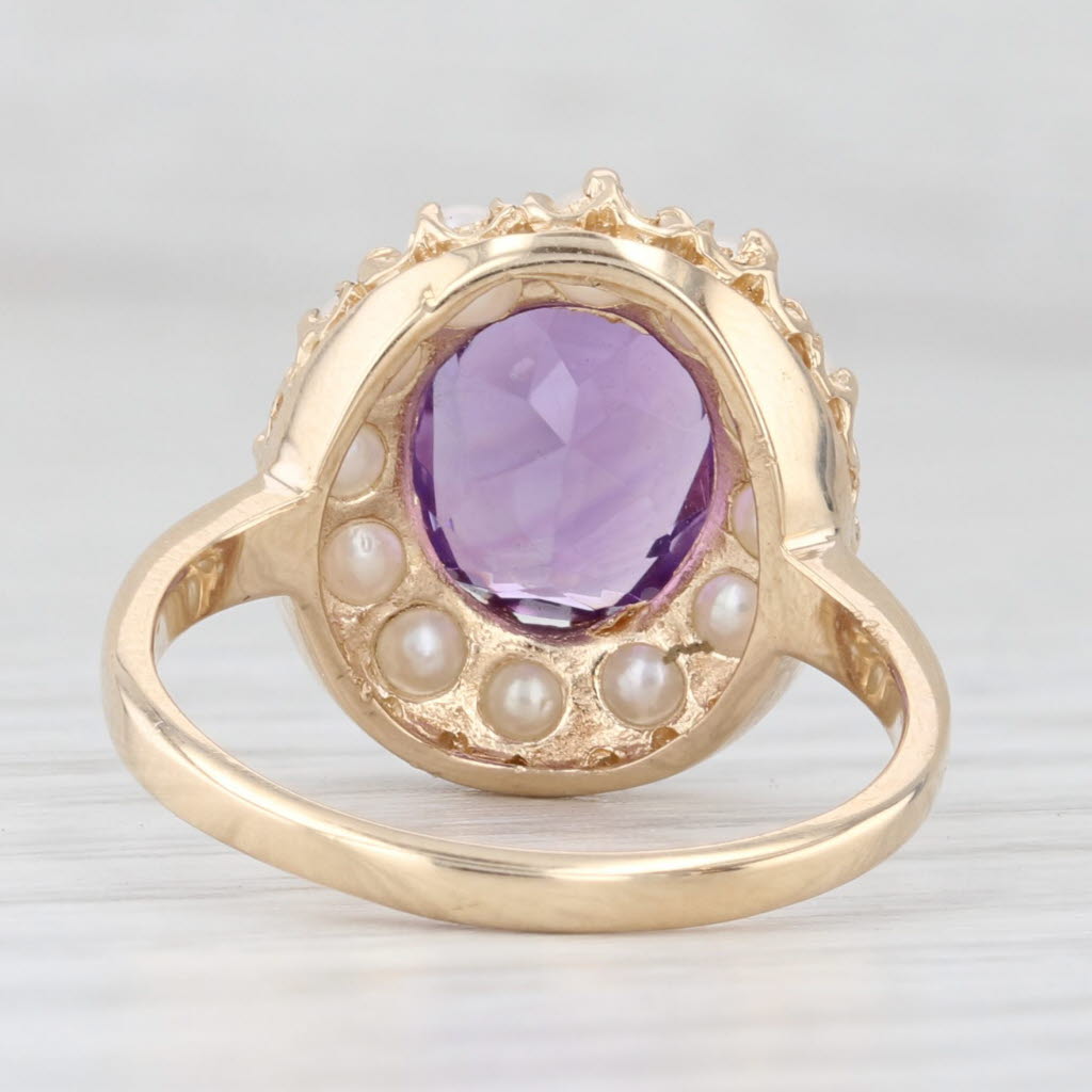 Light Gray Vintage 2.50ct Amethyst Cultured Pearl Halo Ring 14k Yellow Gold Size 7