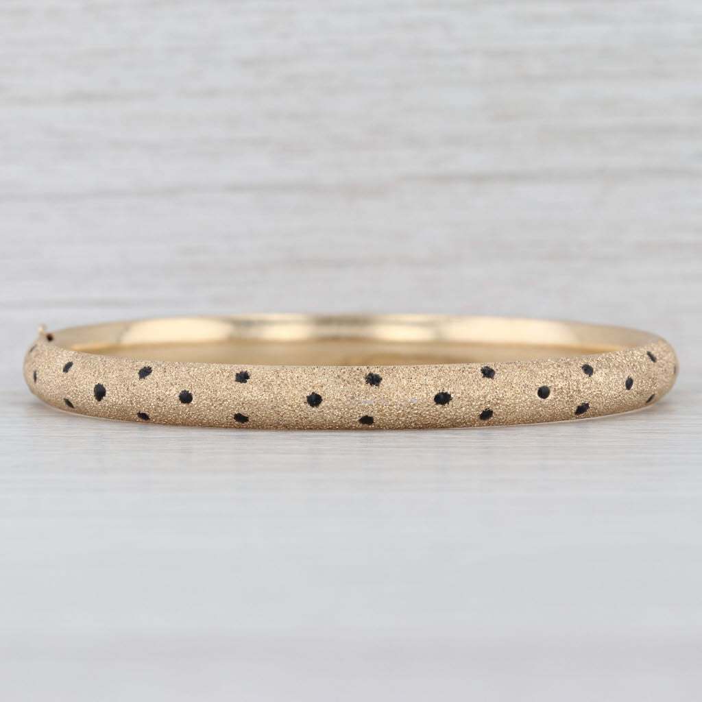 Black Resin Dot Brushed Bangle Bracelet 14k Yellow Gold 7" 6.3mm