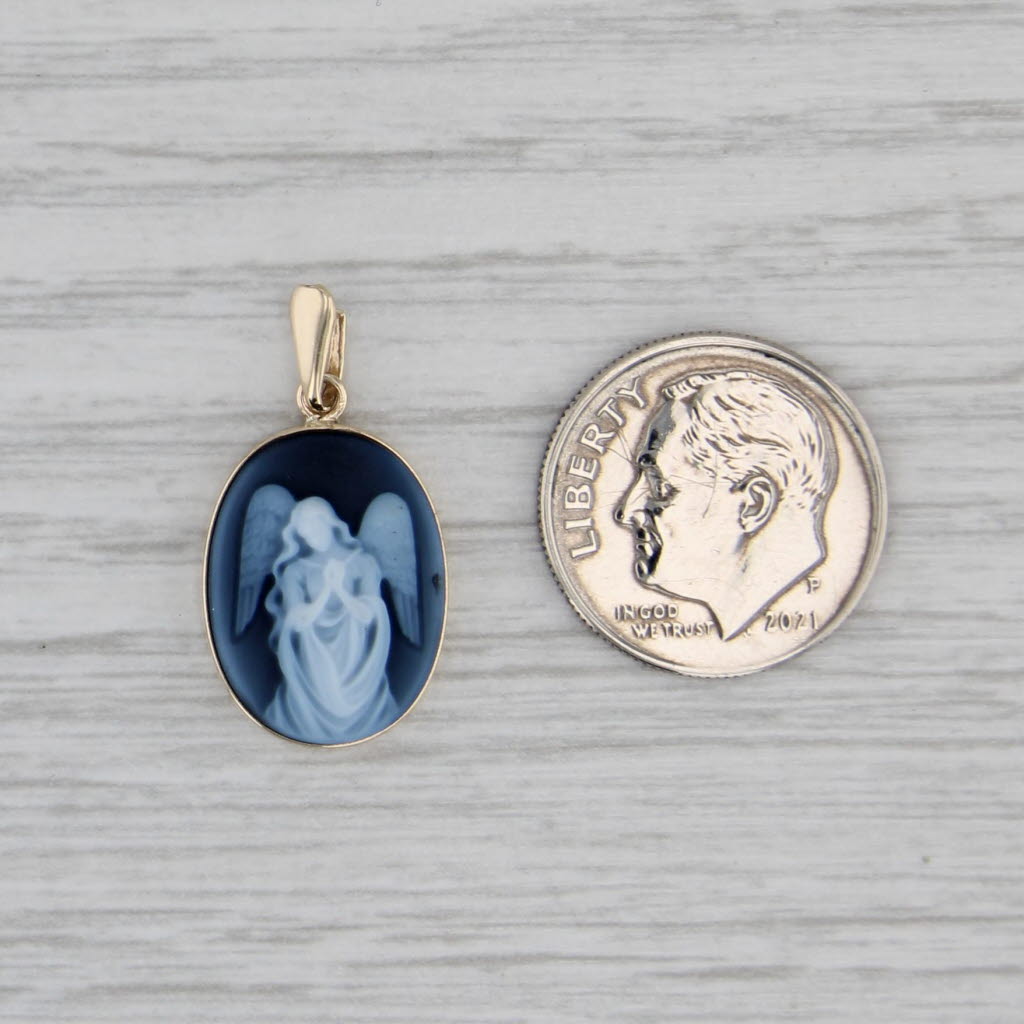 Guardian Angel Cameo Pendant 10k Yellow Gold Black White Carved Chalcedony
