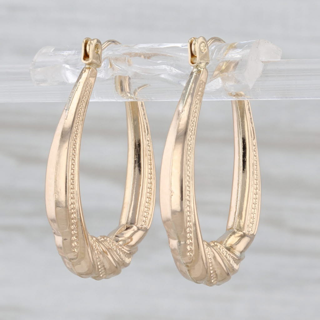 Oval Twist Drop Hoop Earrings 14k Yellow Gold Snap Top Hoops