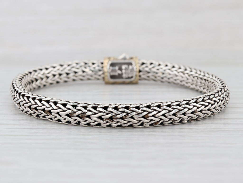 John Hardy Classic Wheat Chain Bracelet Sterling Silver 18k Gold 7" 6.4mm Lock