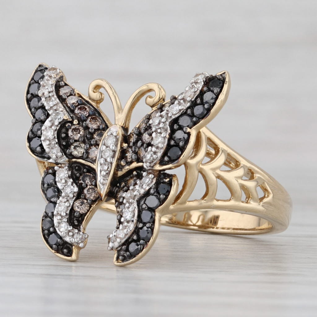 0.35ctw Diamond Butterfly Ring 14k Yellow Gold Size 7 Black White Brown Cocktail