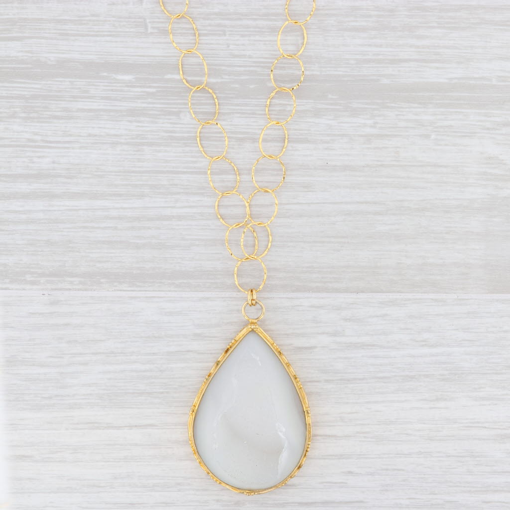 New Nina Wynn White Druzy Quartz Agate Pendant Necklace Sterling Gold Vermeil