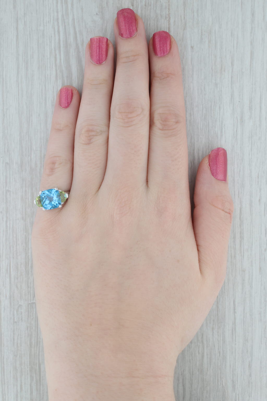 Gray 6.50ctw Cushion Blue Topaz Peridot Ring 14k White Gold Size 7
