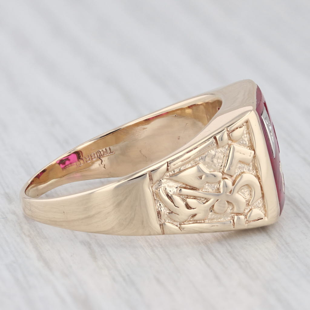 Light Gray Masonic Nugget Signet Diamond Synthetic Ruby 10K Yellow Gold Ring Size 12