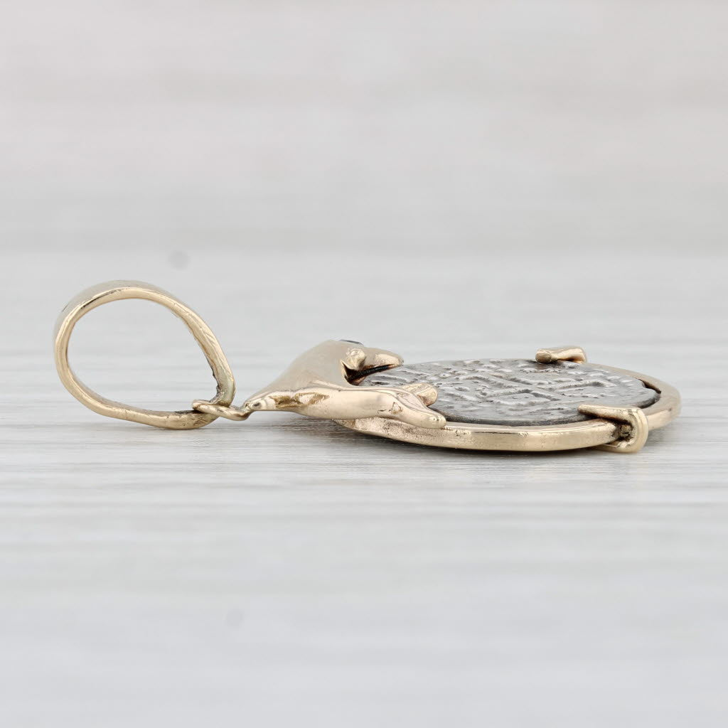 Light Gray Ancient Coin Copy Dolphin Bezel Pendant Cubic Zirconia 10k Gold Sterling Silver