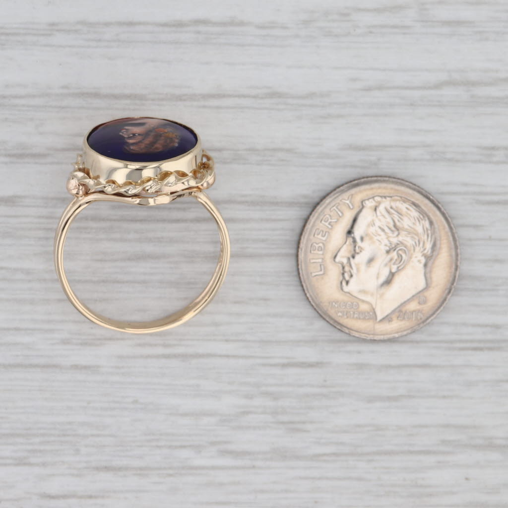 French Hand Painted Portrait of Lady Signet Ring 14k Gold Enamel Glass Size 6.5