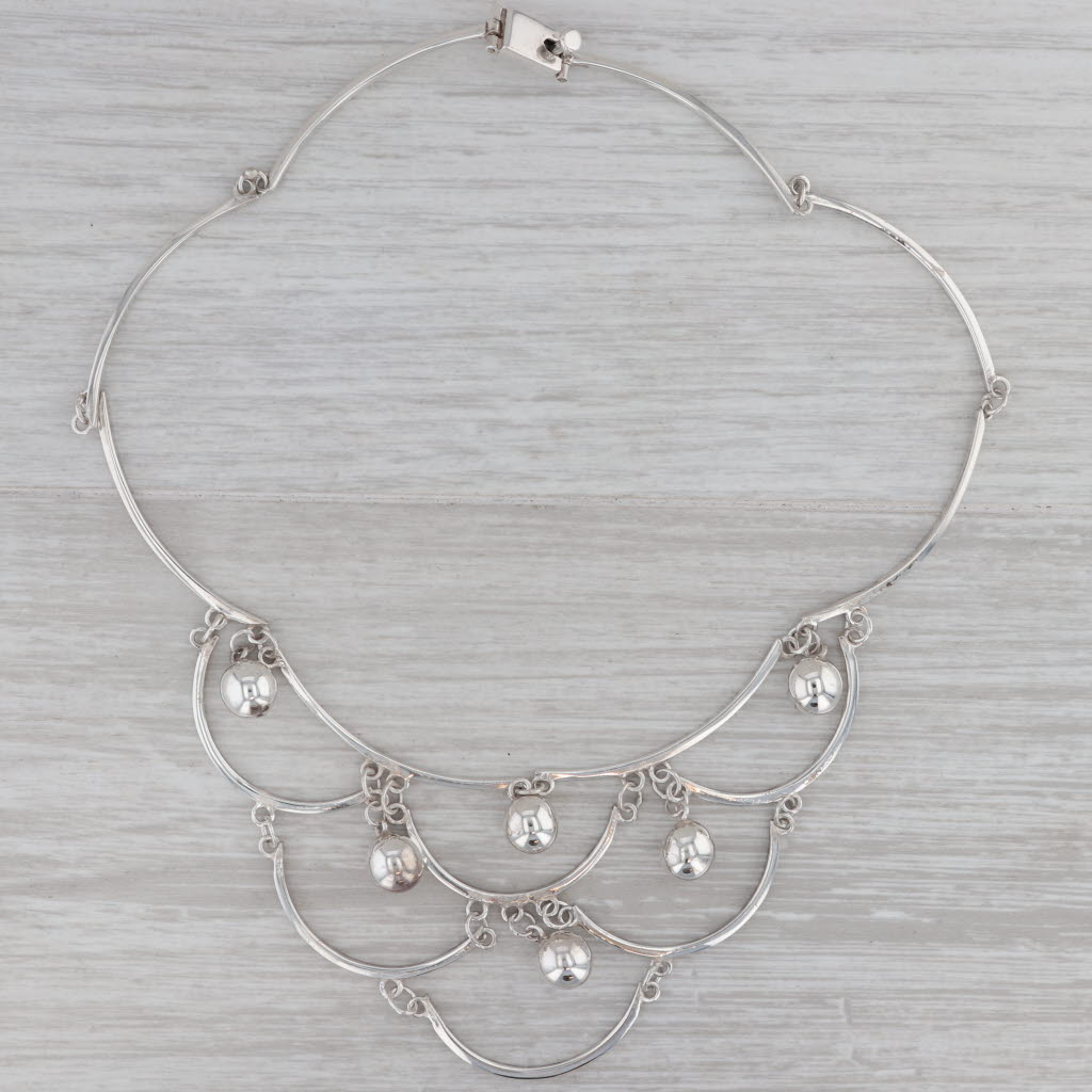 Gray Taxco Mexico Vintage Bib Necklace Sterling Silver Linked Bars & Beads 14" Choker
