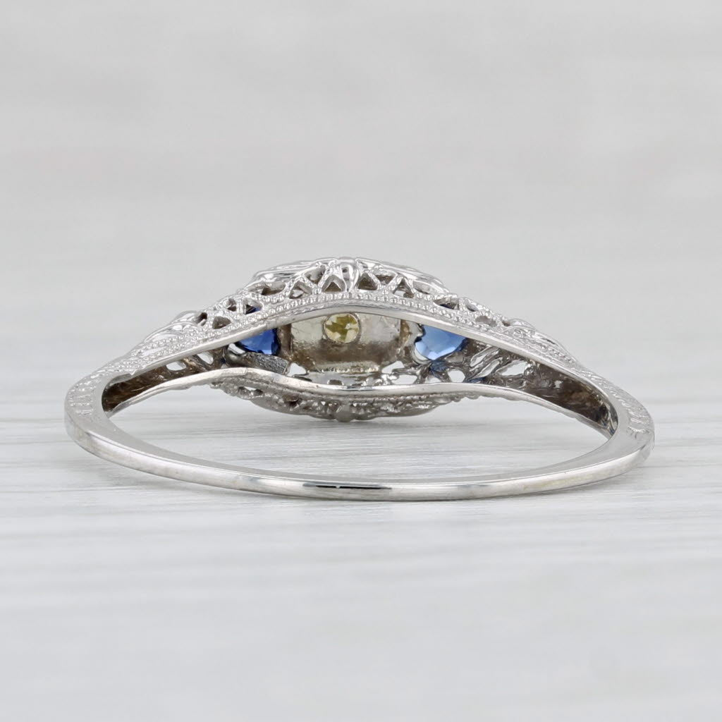 Light Gray Art Deco 0.17ctw Lab Created Sapphire Diamond Ring 14k Gold Filigree Size 9.5