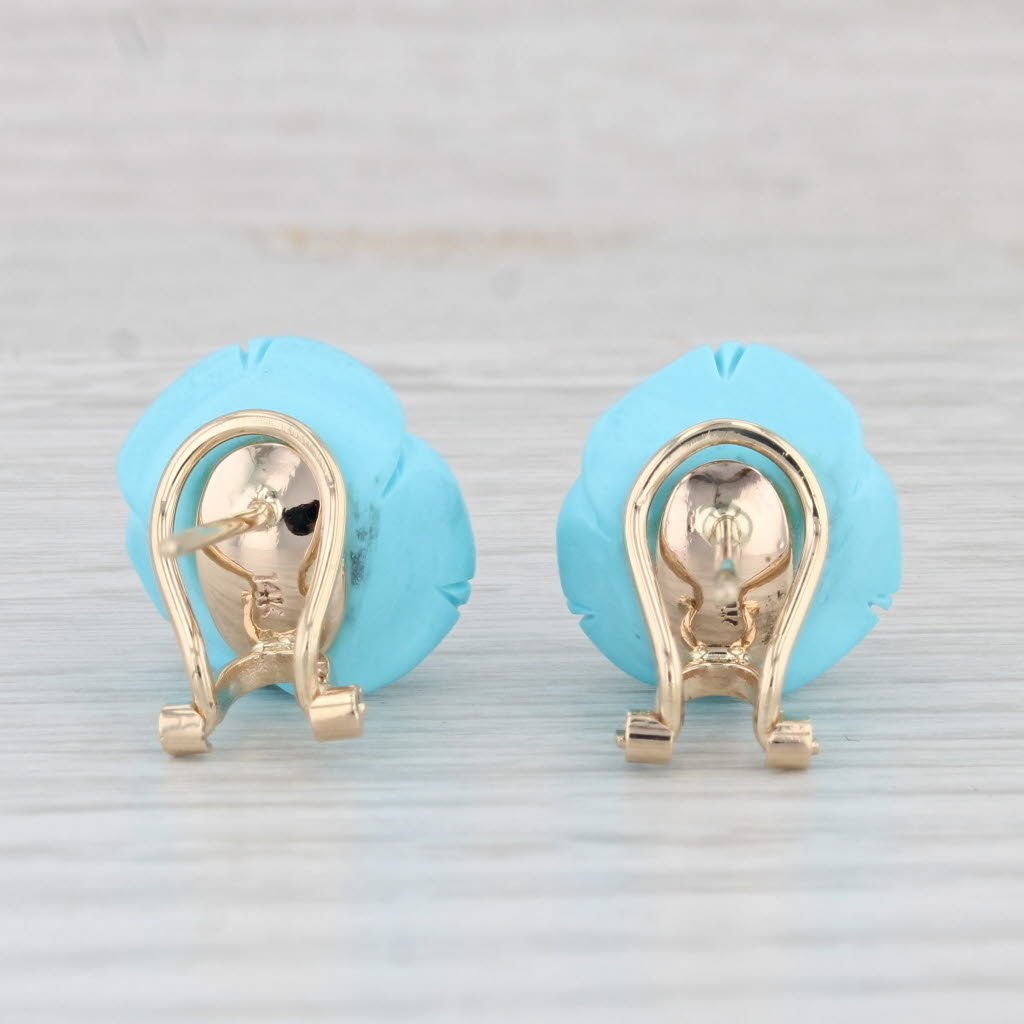 Light Gray Imitation Carved Turquoise Flower Stud Earrings 14k Yellow Gold Omega Backs