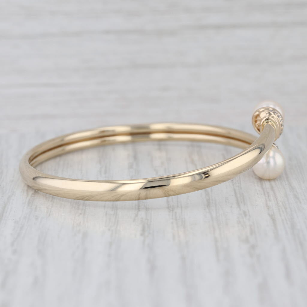 Cultured Pearl Diamond Bypass Bangle Bracelet 14k Yellow Gold 6.5"
