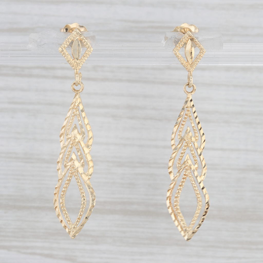 Light Gray Ornate Style Etched Dangle Earrings 14k Yellow Gold Pierced Drops